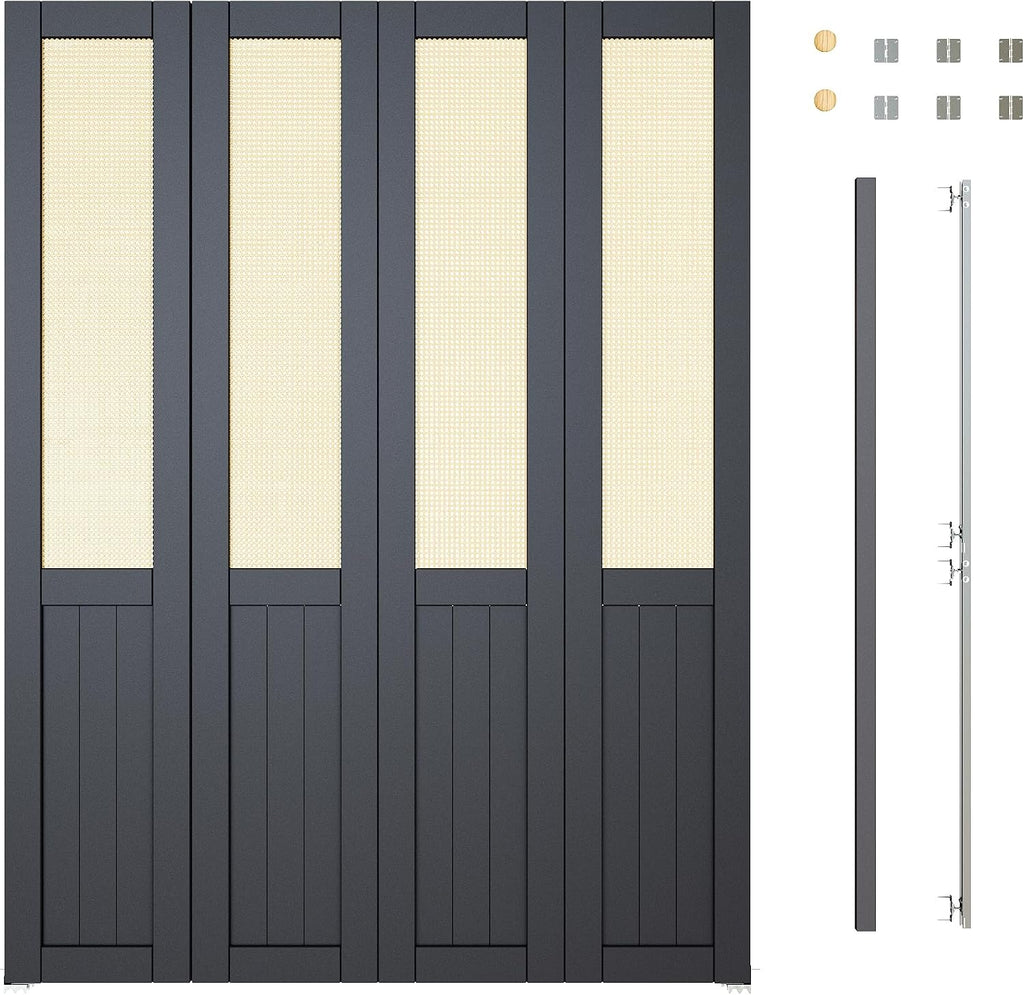 60'' x 80" Rattan Bifold Closet Door, Cane Webbing Wood Interior Door Slab, Build Quality Black Folding Barn Doors