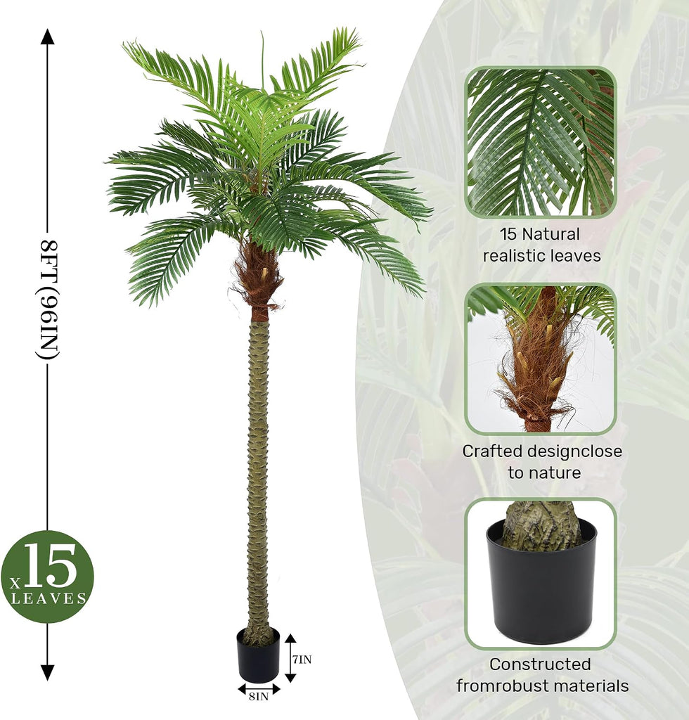 Palm Tree 8ft for Outdoors Faux Triple Phoenix Palm,96 Inch Tall Large Fake Tropical Palm Tree ,Poolside,Garden,Home