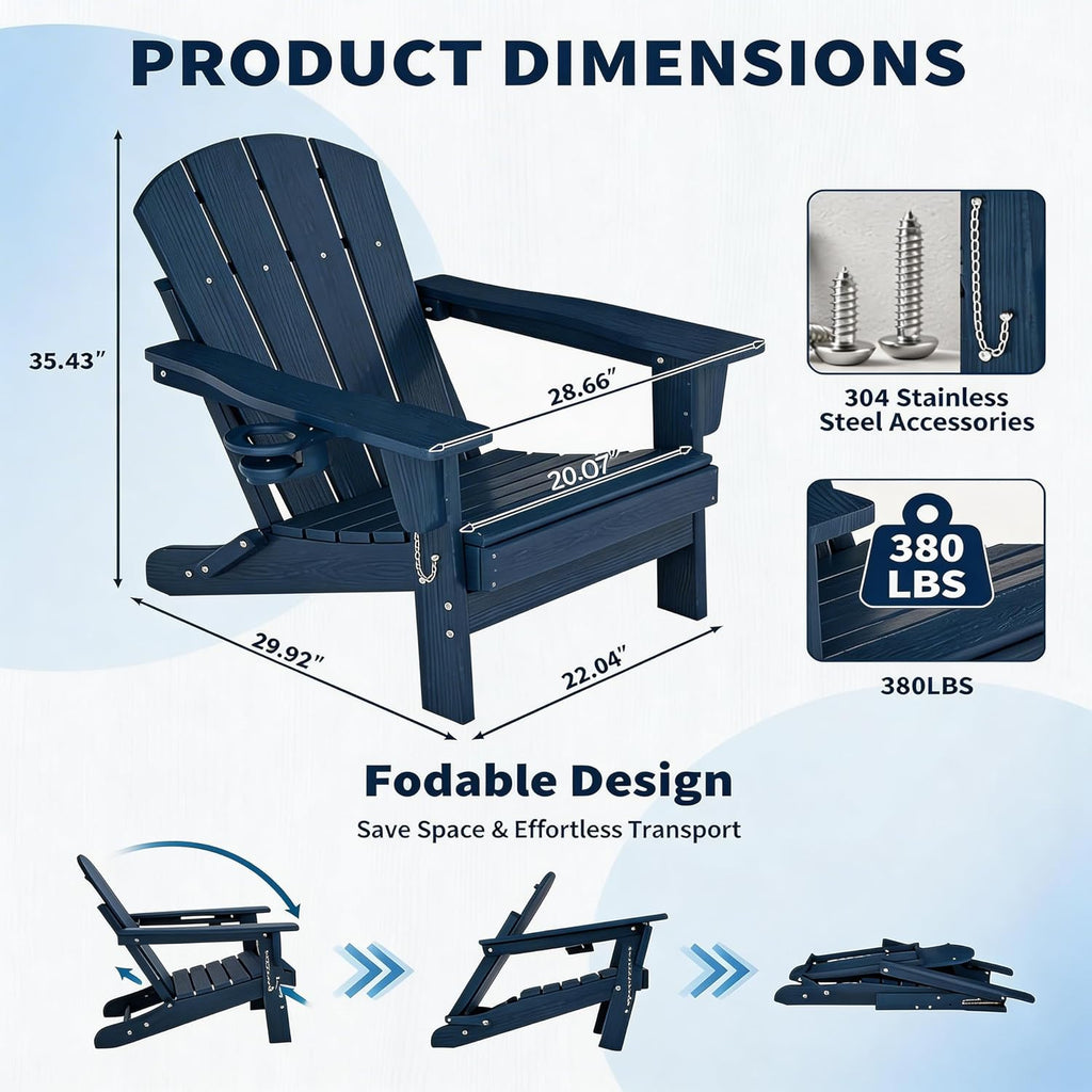 HDPE Folding Adirondack Patio Chair with Cup Holder - Weather-Resistant Plastic, Wood Grain Texture, Outdoor Lounge