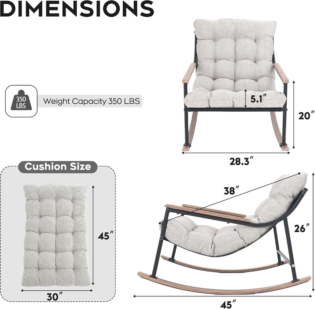 Outdoor Papasan Rocking Chair, All-Weather Rocking Chair with Thickened Cushion, Comfy Patio Reading Lounge for