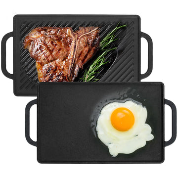 Small Cast Iron Griddle 13x8.25 for Double Burner Stove Top, Double Sided Reversible Cooking Pan for Gas Grill Top