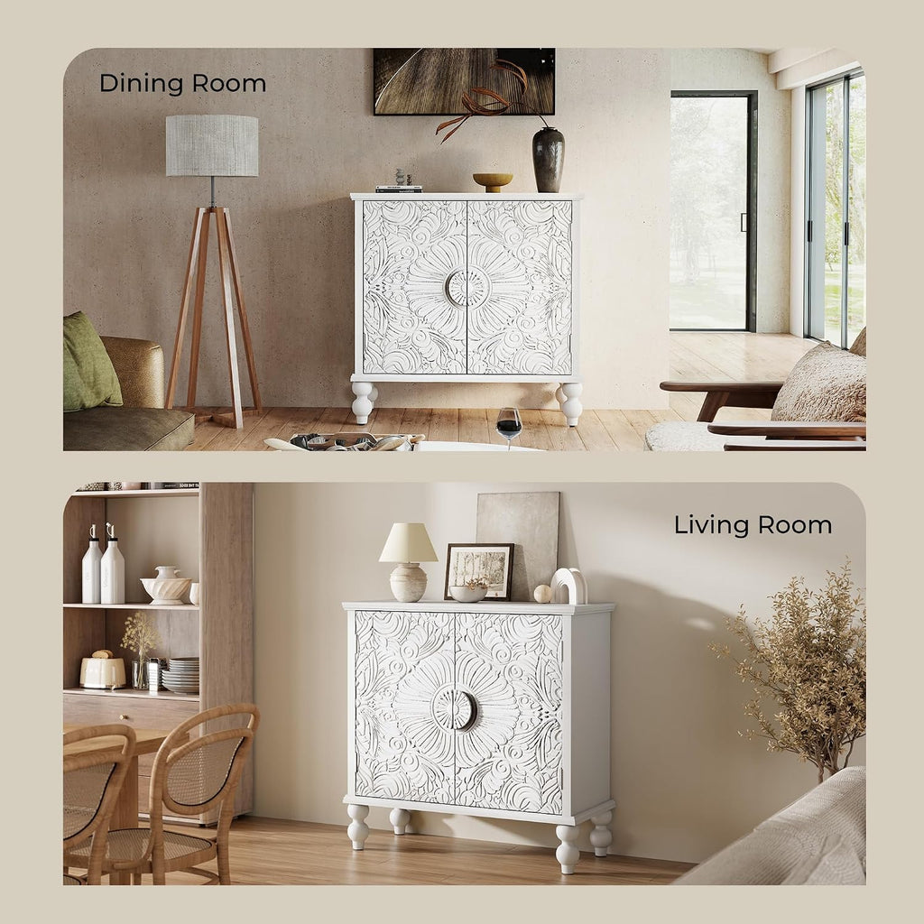 Buffet Cabinet with Storage, Accent Cabinet with 2 Carved Doors, Solid Wood Sideboard with Adjustable Shelf, Vintage