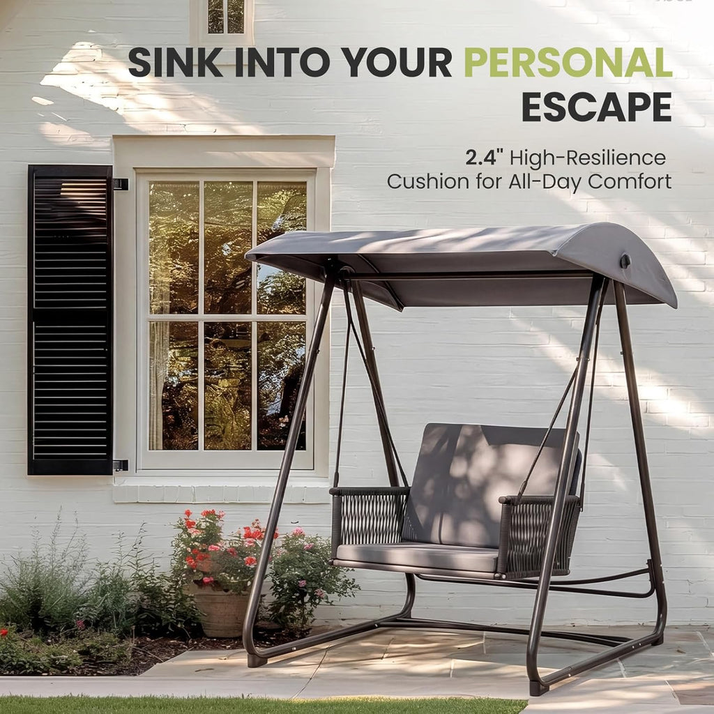 Porch Swing with Stand, Outdoor Swing with Canopy, All Weather Outdoor Swings for Adults, 400lbs Heavy Duty Porch