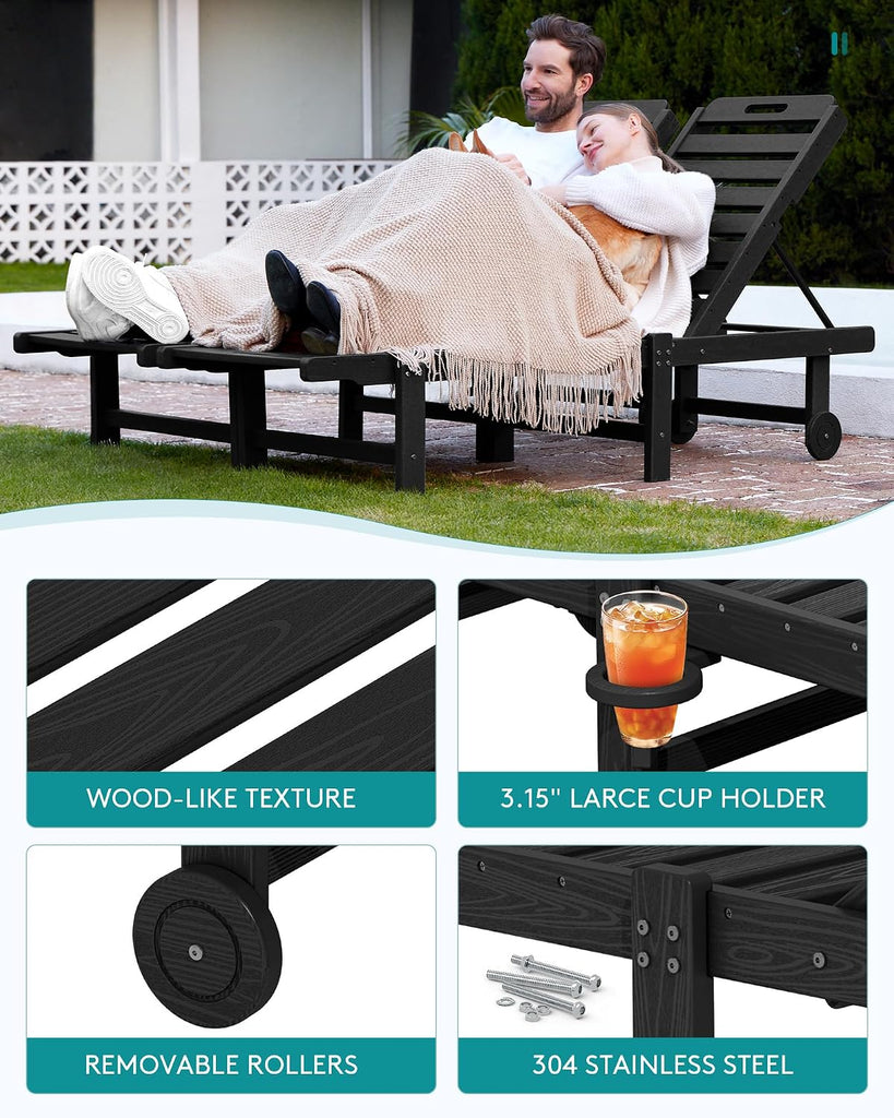 HDPE Outdoor Chaise Lounge Set of 2 with Cup Holder & Wheels, Black | Weather-resistant chaise lounge resists fading