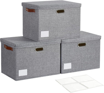 17" Large Collapsible Storage Bins with Lids, Stackable Closet Organizers with PU Handle and Labels, 3-Pack