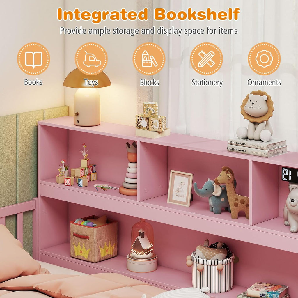Twin Floor Bed for Kids, Wooden Montessori Bed Frame with Bookcase, Storage Shelves & Safety Fence Rails, Floor Beds