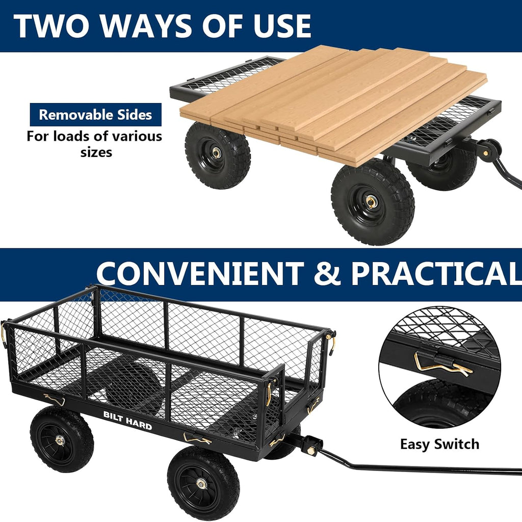 880 lbs 10" Tires Steel Garden Cart with 180° Rotating Handle and Removable Sides, Heavy Duty 4 Cu.Ft Capacity