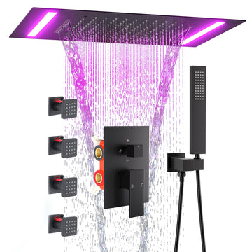 Shower System with Body Jets, 2 In 1 Functions Ceiling Mount 14x20inch LED Shower Head with 4 Body Jets, Rainfall