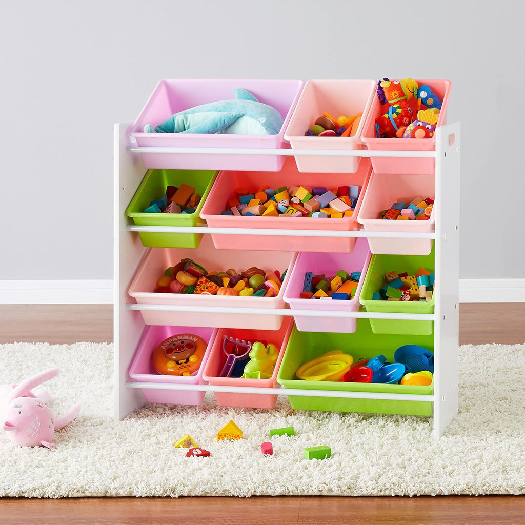 Kids Toy Storage Organizer with 12 Plastic Bins, White Wood with Pink Bins, 33.85"D x 12.79"W x 35.42"H