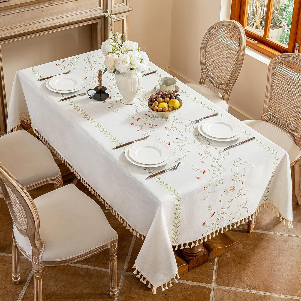 Rectangle Tablecloth 55" x 75", Pink Floral Embroidered Table Cloth with Tassels, Farmhouse Rustic L