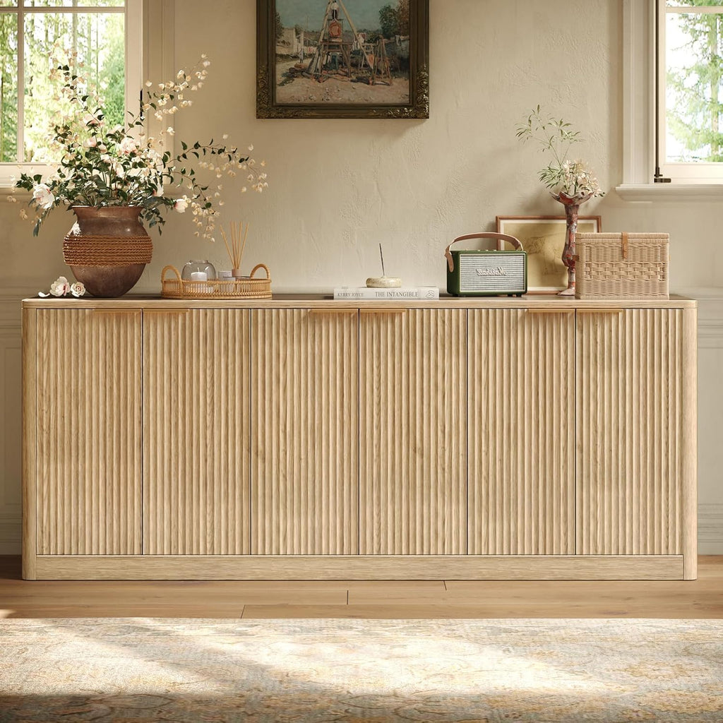 67" Fluted Oak Buffet Cabinet Sideboard with Storage, Large Credenza with 6 Doors