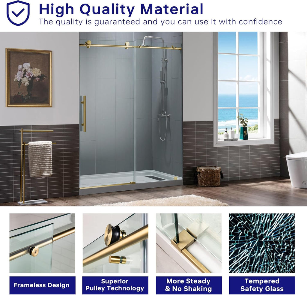 Frameless Sliding Shower Door, 44"-48" Width, 76" Height, 3/8" (10 mm) Clear Tempered Glass, Brushed Gold Finish
