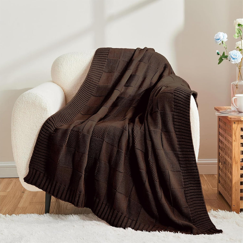 Check Knit Throw Blanket, Dark Brown Checkered Throw, Decorative Christmas Soft Cozy Warm Knitted Blanket, 50"X60"