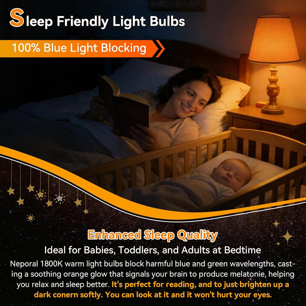 A15 Amber LED Light Bulb 1800K, True Blue Light Blocking Sleep Aid Bulb for Bedroom Nursery, 7W Replacement for 40W