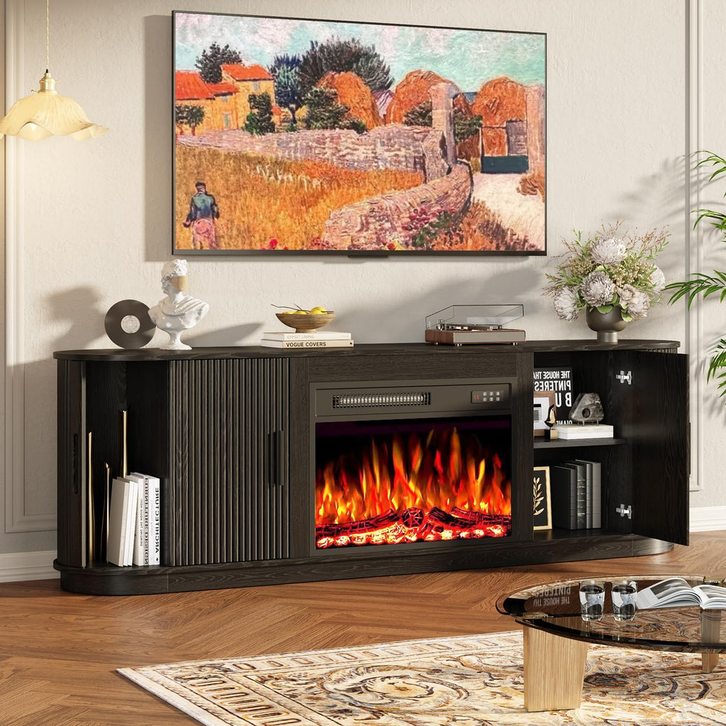 70" Fluted Fireplace TV Stand for TVs Up to 80 inches, Modern Wood TV Stand with 23" Electric Fireplace with Sliding