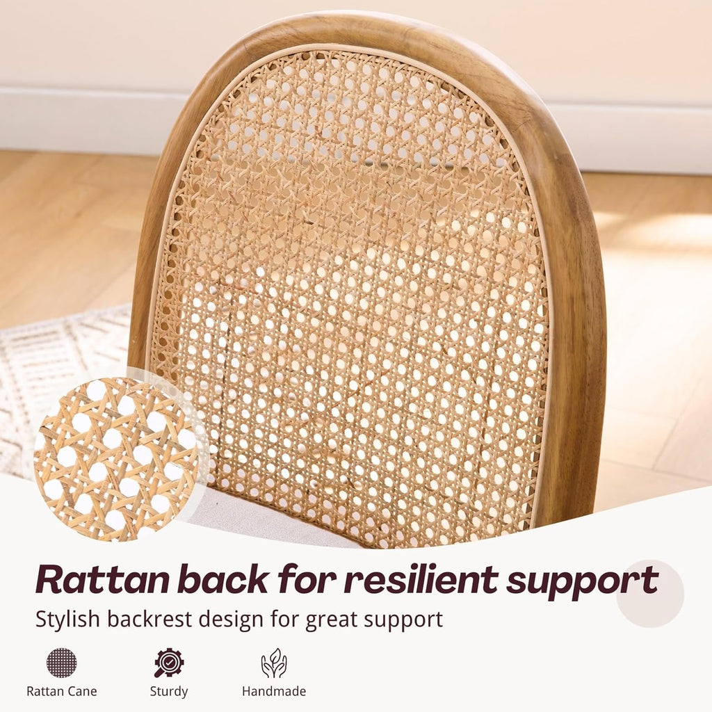 Rattan Dining Chairs Set of 2, Upholstered Linen Dining Room Chairs with Backrests, Modern Kitchen Chairs with Wood