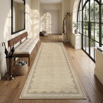 2.5x8 Runner Rug Washable Kitchen Rugs Non Slip Solid Tan Jute Digital Printing Modern Soft Low-Pile Scalloped Indoor