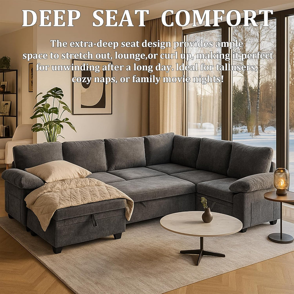 108 Inch Sectional Sleeper L Shaped Sofa with Pull Out Bed, 7 Seat Modular Sectional Sofa with Storage