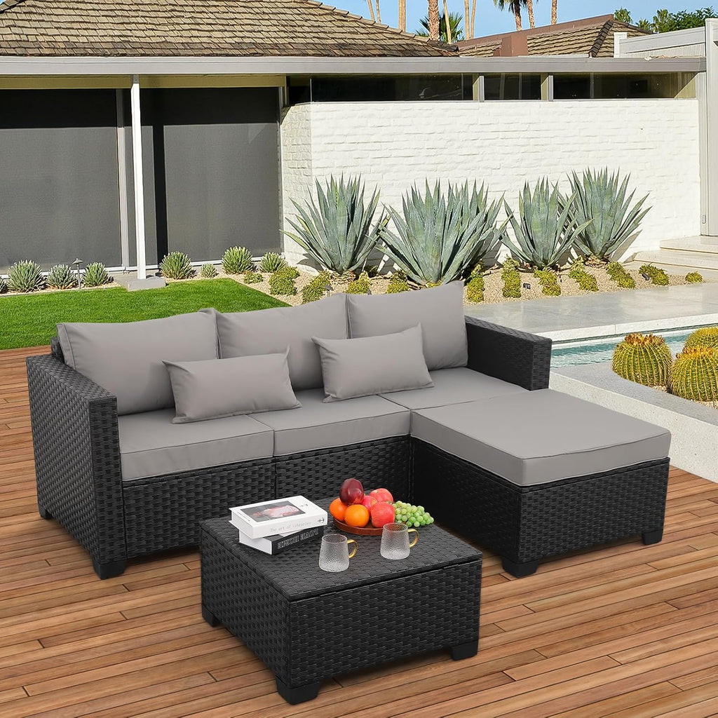 3 Pieces Patio Furniture Set Outdoor Sectional Wicker Patio Furniture Patio Couch with Ottoman and Outdoor Storage