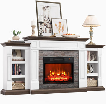 72" Electric Fireplace with Mantel and Cabinets, Fireplace TV Stand for Living Room Bedroom, Stacked Stone Surround