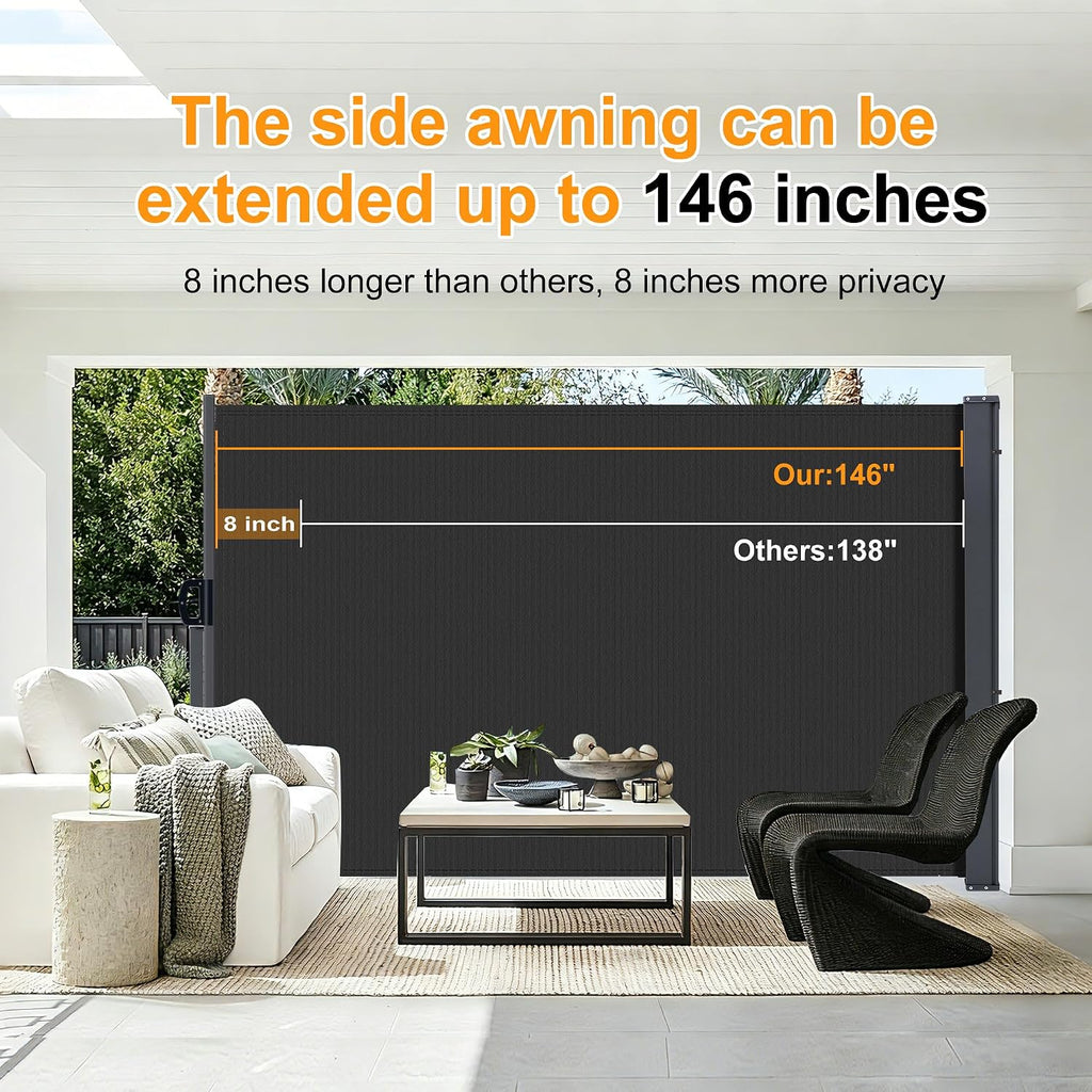 146" x 71" Retractable Side Awning with Privacy Screen Protection, Carbon Gray Waterproof & UV-Resistant Outdoor Side