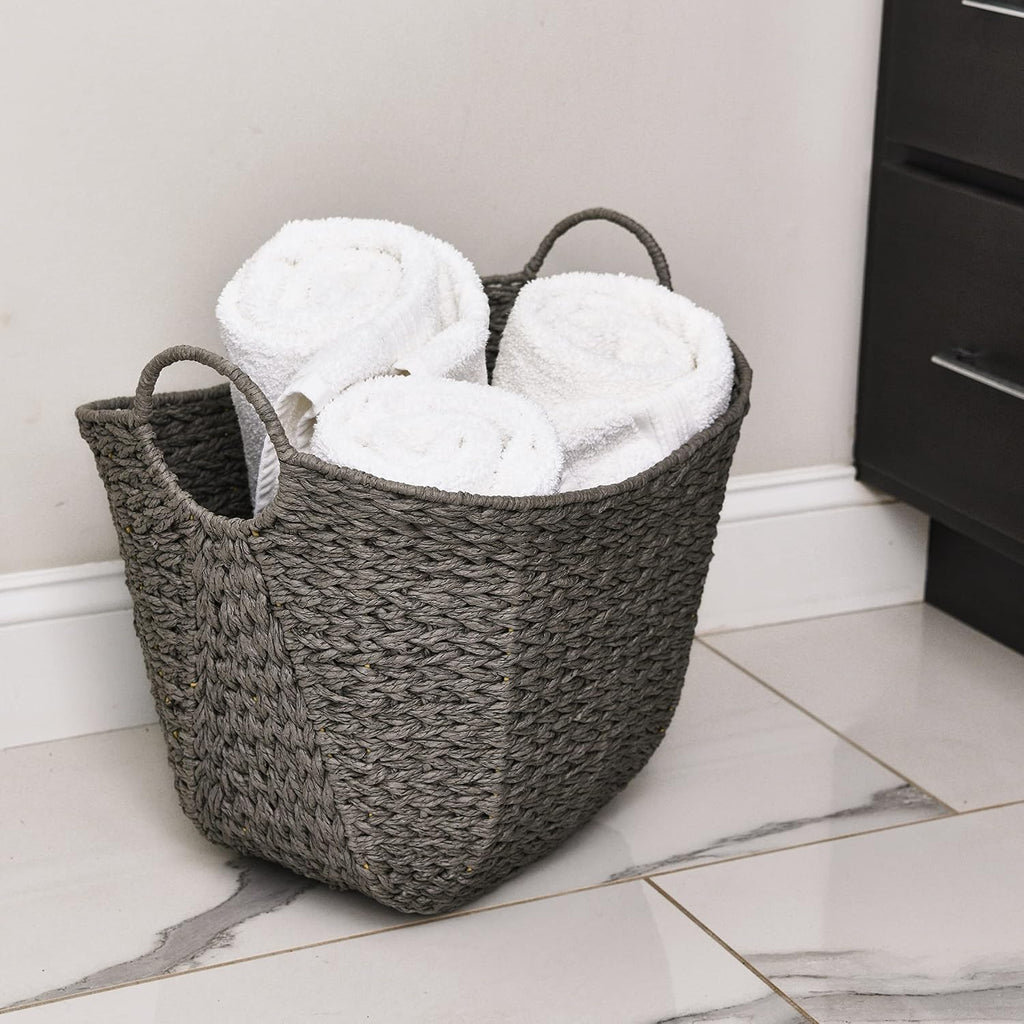 Handwoven Paper Rope Storage Basket with Metal Frame and Handles, Gray