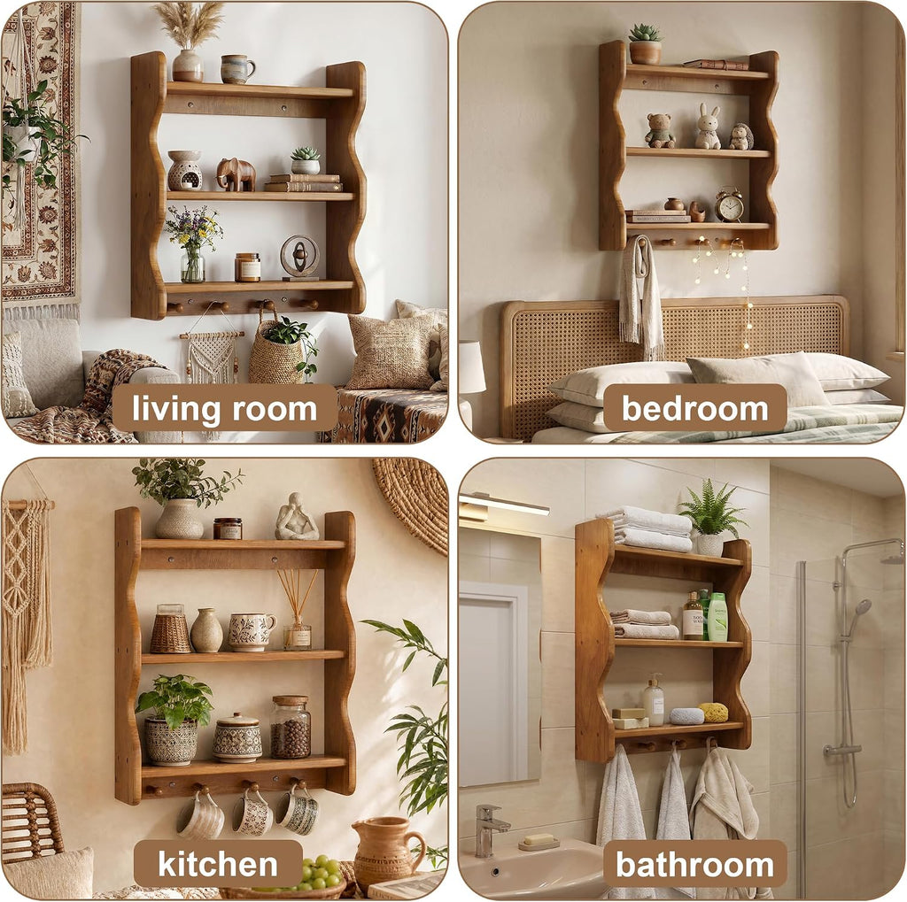 3 Tier Wooden Floating Wall Shelves with Hooks, Rustic Farmhouse Wall Mounted Storage Shelf, Decorative Curved Side