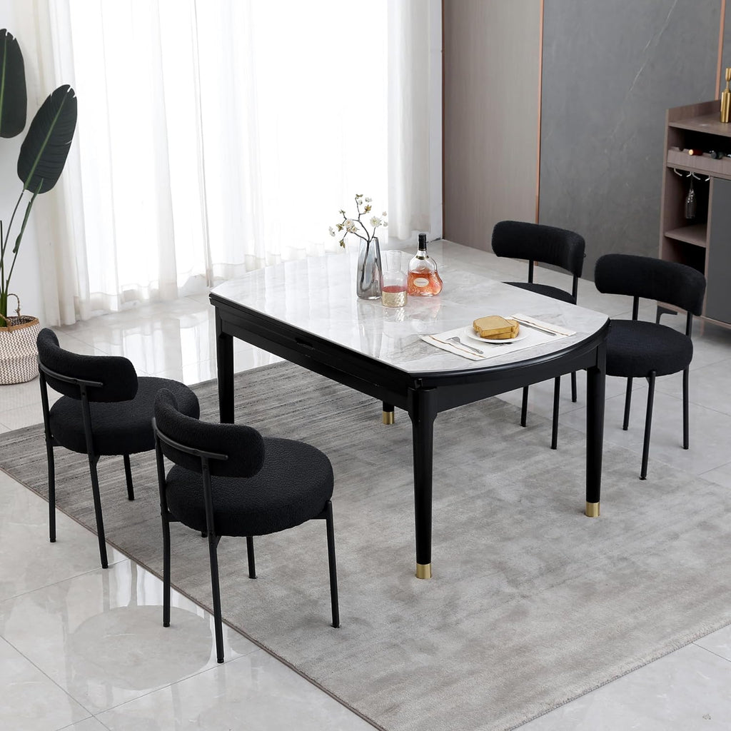 Black Boucle Dining Chairs Set of 2, Mid Century Modern Kitchen Chairs with Curved Backrest and Metal Legs
