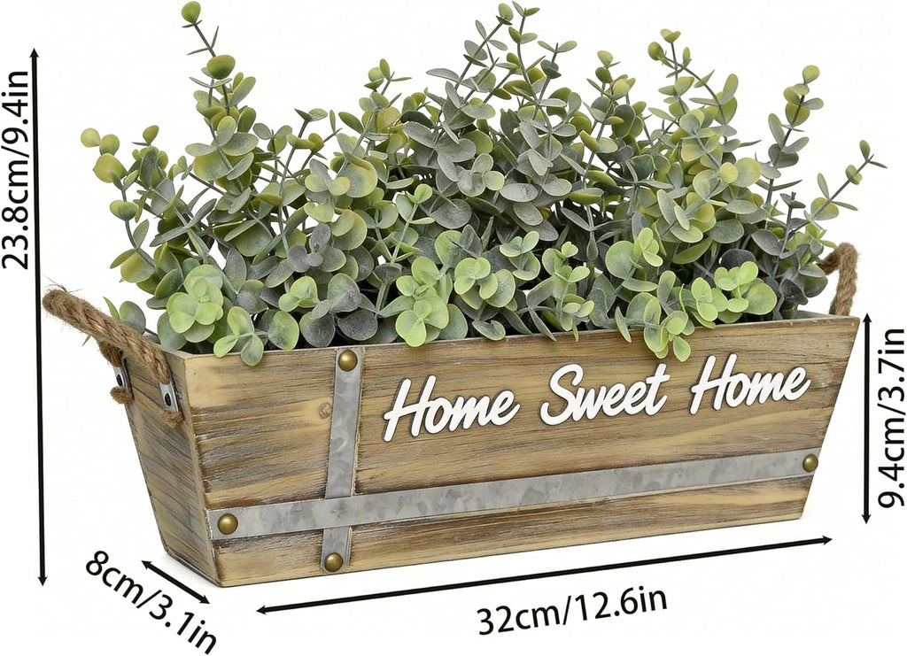 Artificial Eucalyptus Table Centerpiece in Wooden Box, Faux Greenery Arrangement with "Home Sweet Home" Sign, Jute