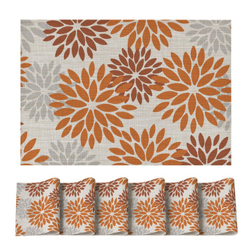 Floral Vinyl Placemats Set of 6, Heat Resistant Washable Non-Slip Plistic PVC Place Mats for Fall Thanksgiving Party