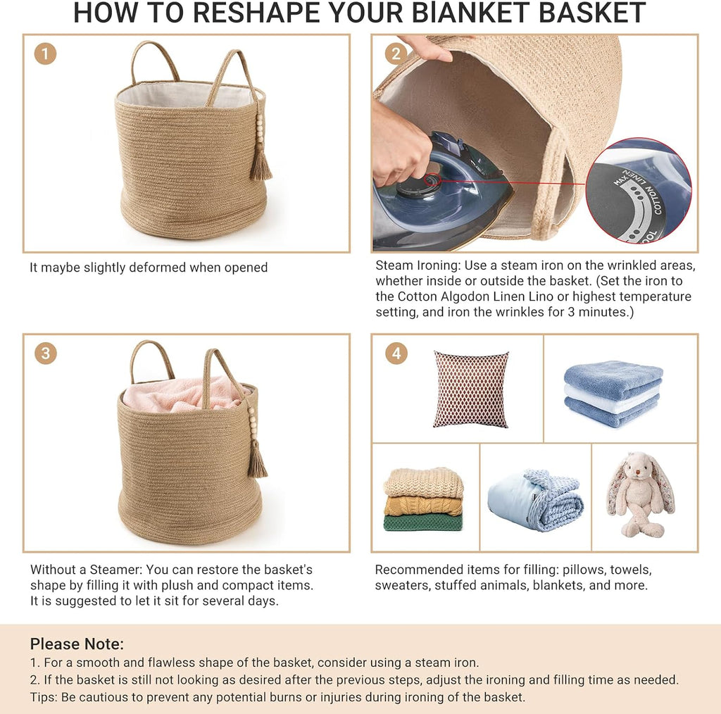 Woven Storage Basket for Blanket, Toys Plant Organizer, 16"W x 13.8"L | Brown, Jute, Decorative Basket with Handle
