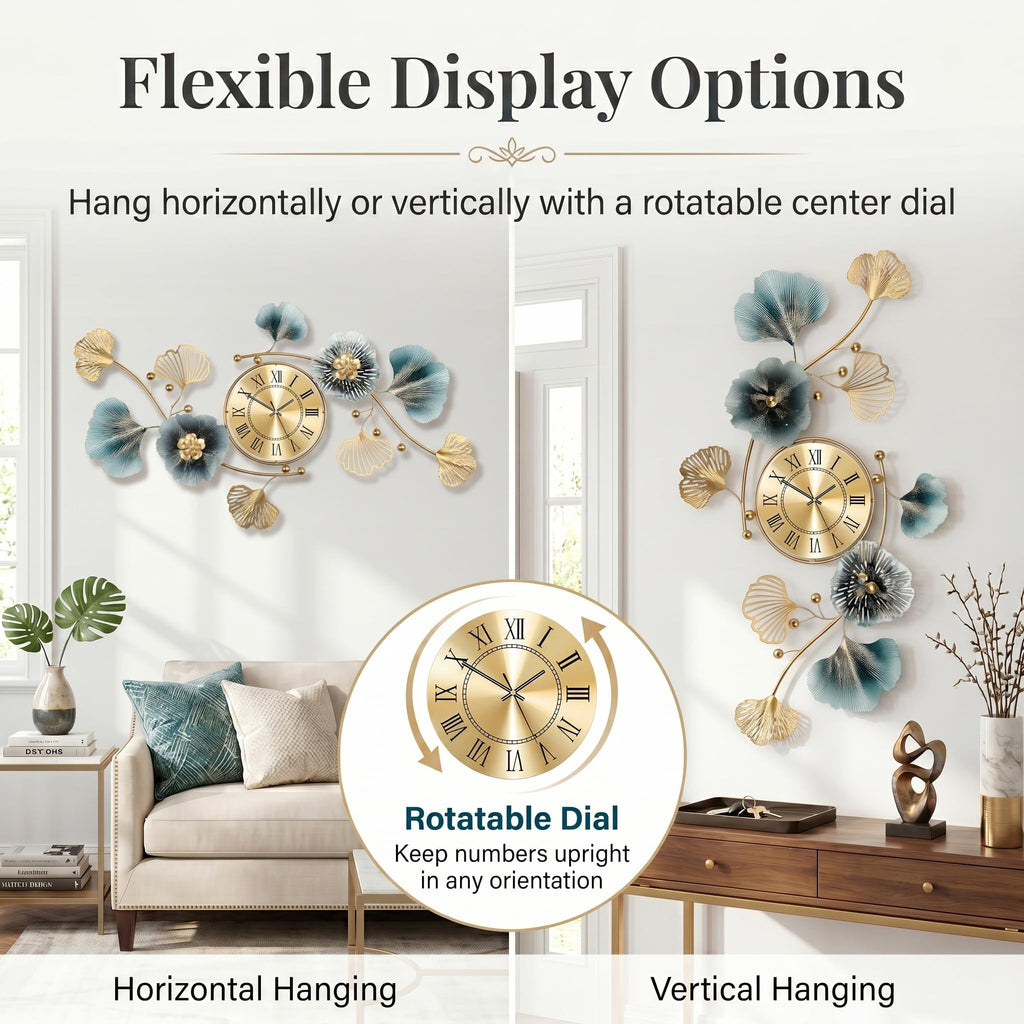 36" 3D Ginkgo Leaf Metal Wall Clock Wall Decor
