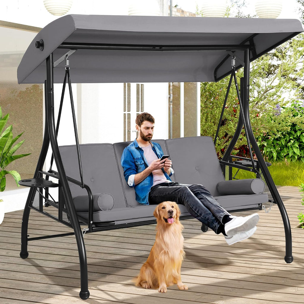 3-Seat Outdoor Porch Swing with Adjustable Canopy, 3 Person Convertible Porch Swing Bed with Stand, Heavy Duty Patio