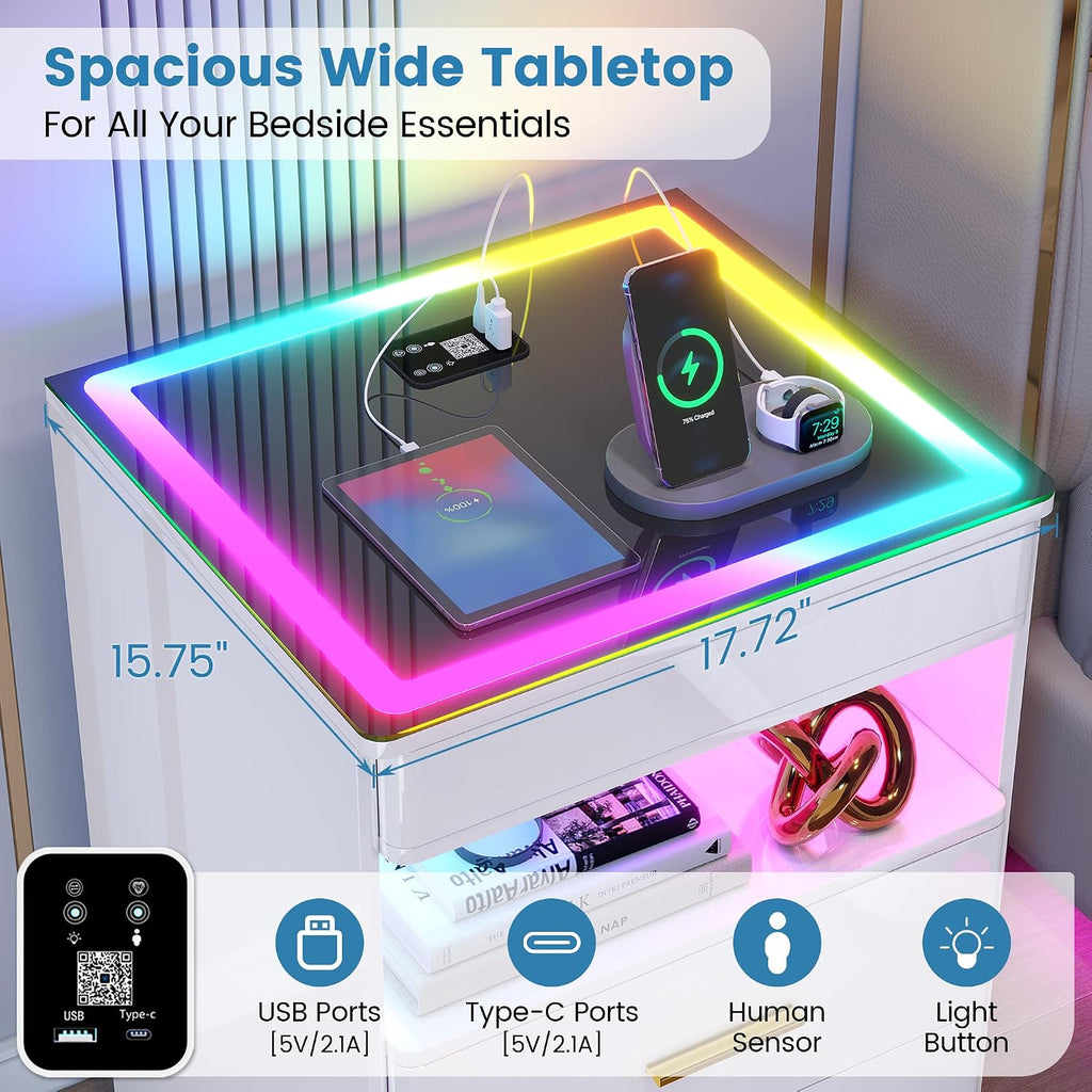 LED Nightstand with RGB Lights - Smart Night Stand with Charging Station, Modern Bedside Table with Tempered Glass