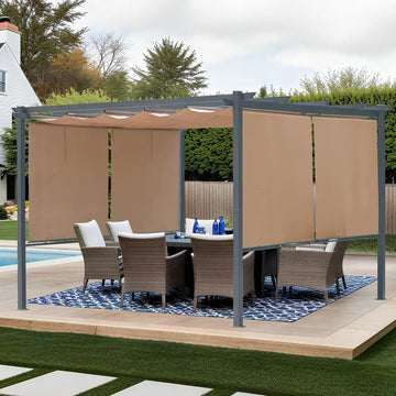 12 x 12 ft Outdoor Pergola with Retractable Shade Canopy, Matte Aluminum Frame, 4 Roller Shade Curtains