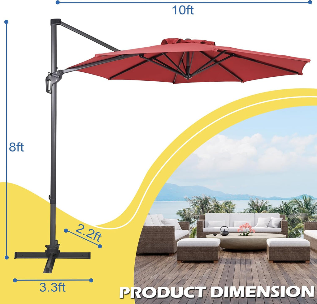 10Ft Cantilever Patio Umbrella, 360° Rotation & Integrated Tilting System Offset Umbrella with 8 Sturdy Ribs - Red