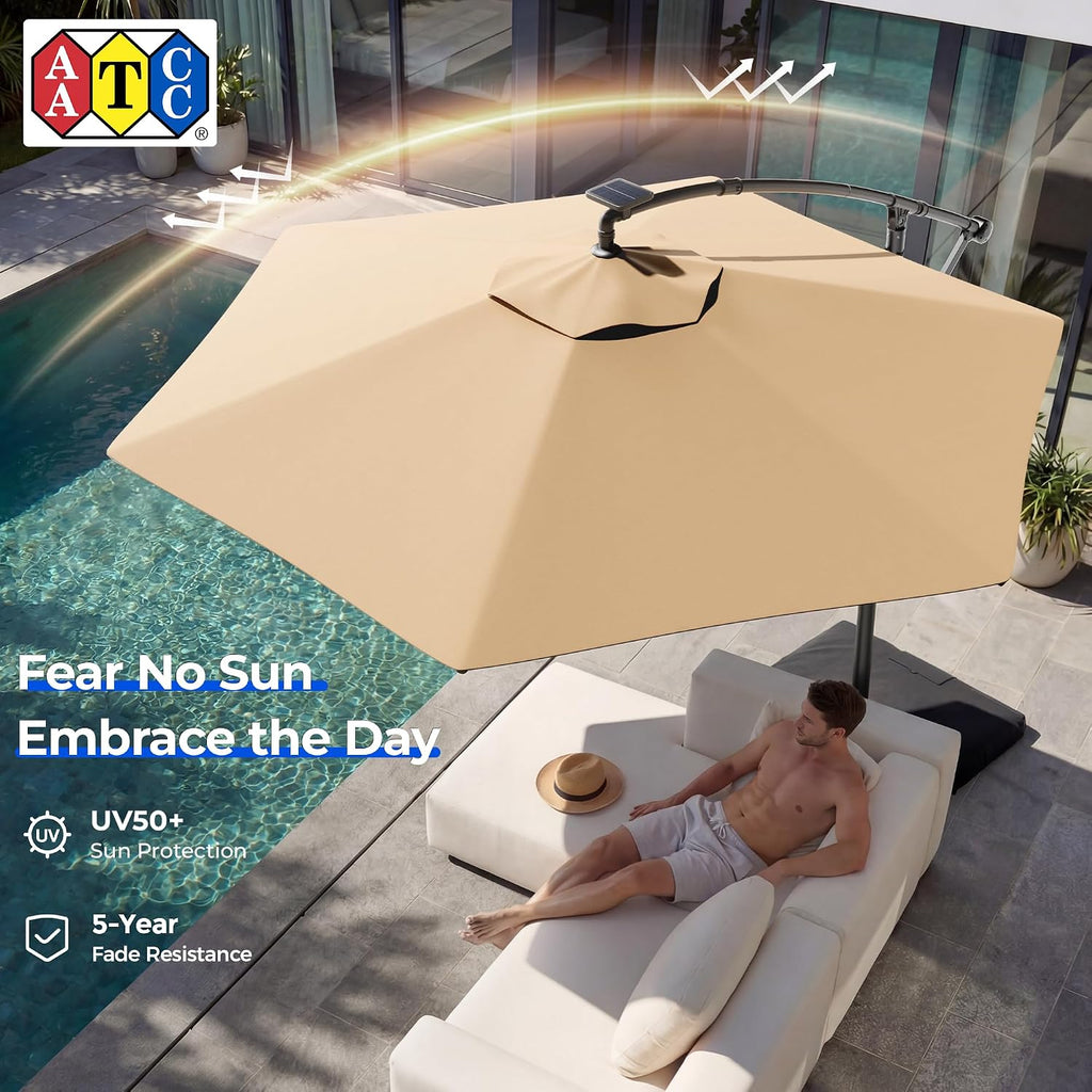 10FT Solar Offset Patio Umbrella with Base Included, 5-Year Fade-Resistant Canopy, 45° Easy Tilt Crank