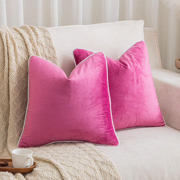 Set of 2 Hot Pink and White Velvet Throw Pillow Covers Modern Minimalist Style Solid Decorative White Rope Edging