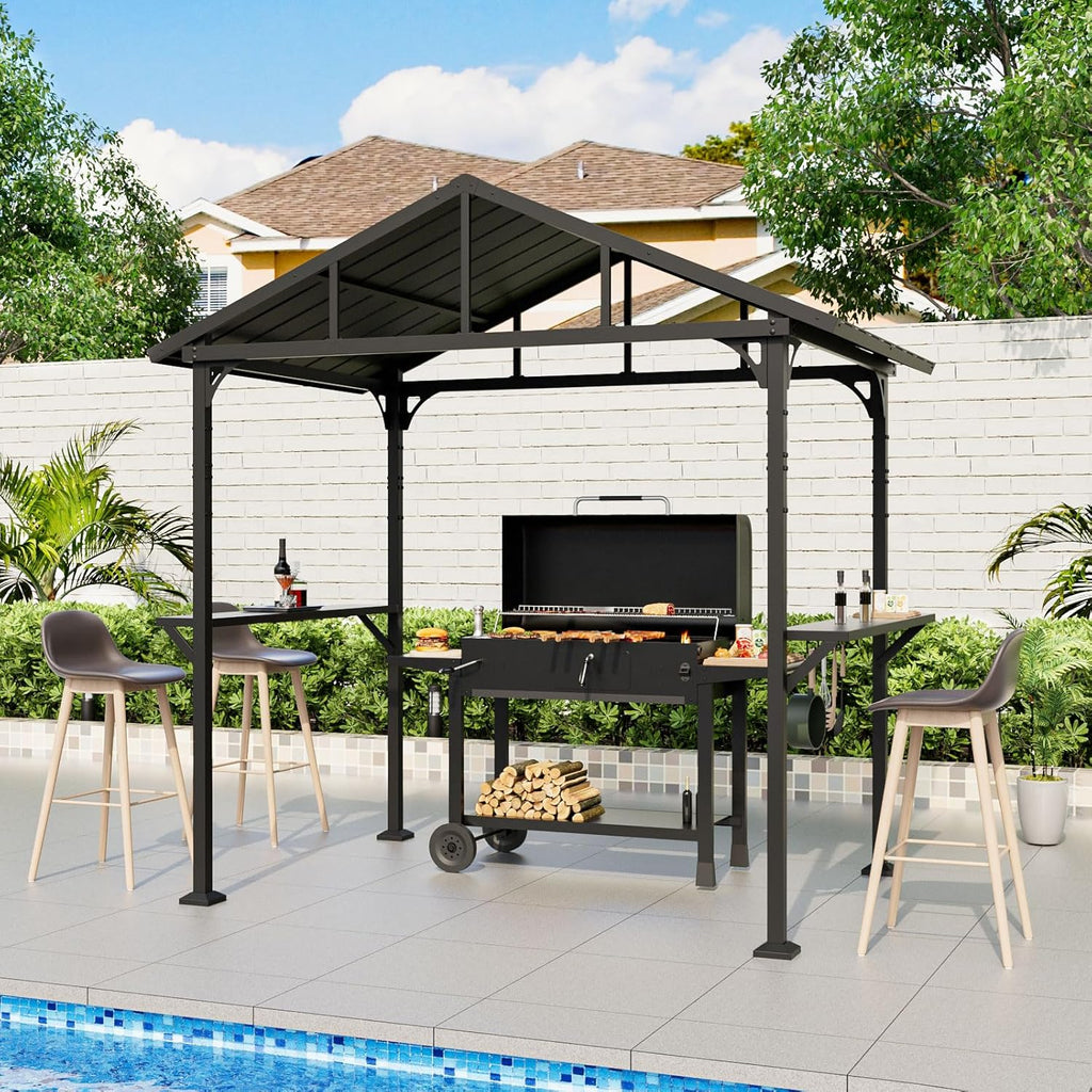 8'x 5' Hardtop Grill Gazebo, Outdoor BBQ Gazebo Metal Roof Canopy with 2 Metal Side Shelves & 5 Tool Hooks for Patio, Garden, Backyard, Poolside (Dark)