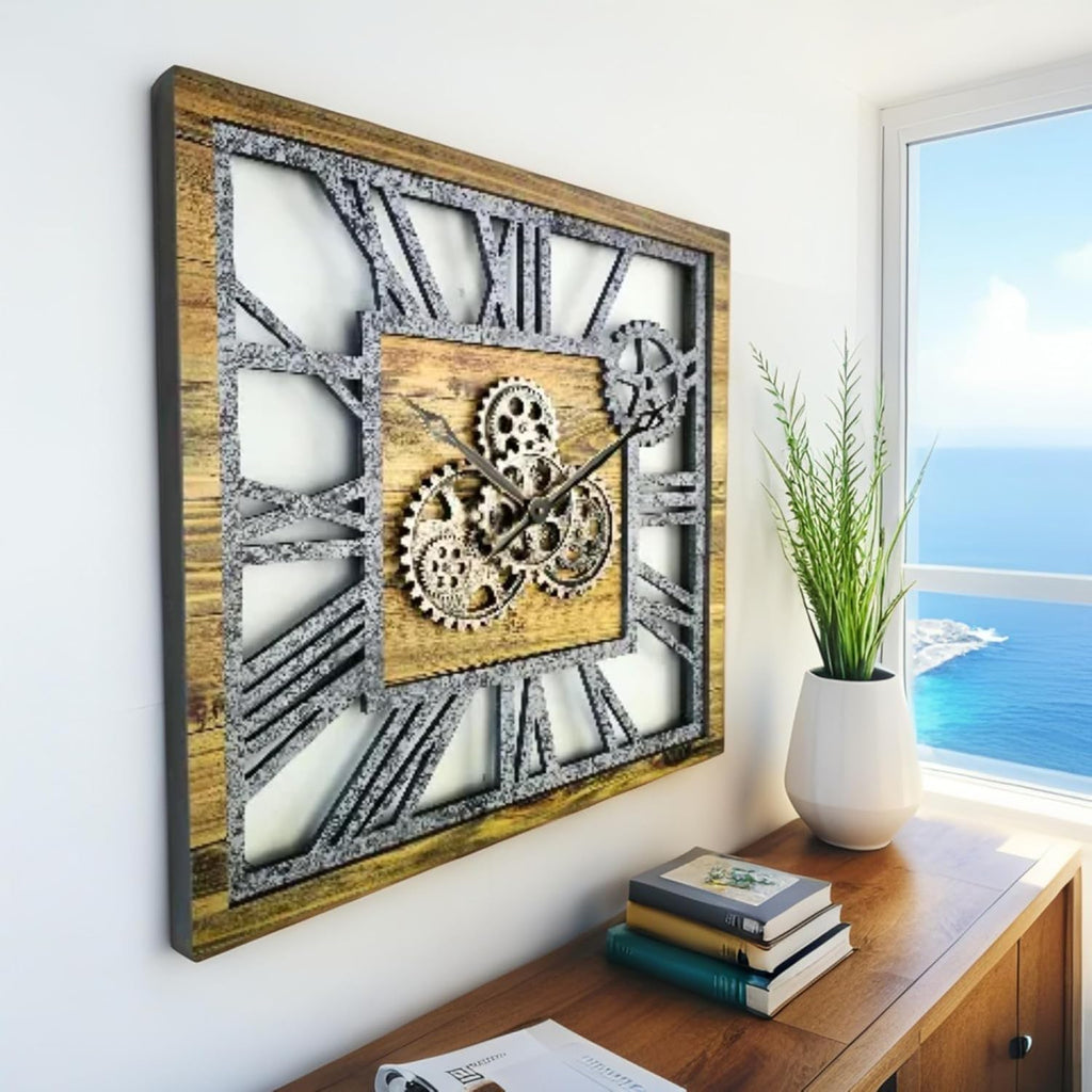 ImprovingLife The Gears Clock 24'' Inch Square Real Moving Gear Wall Clock Vintage Industrial Oversized Rustic Farmhouse (Wood and Stone)