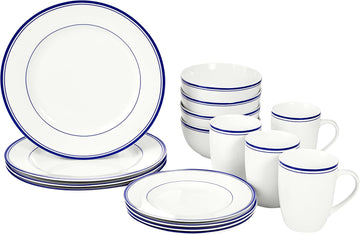 16-Piece Cafe Stripe Dinnerware Set, Microwave and Dishwasher Safe, Plates, Bowls, Mugs, Service for 4, Blue