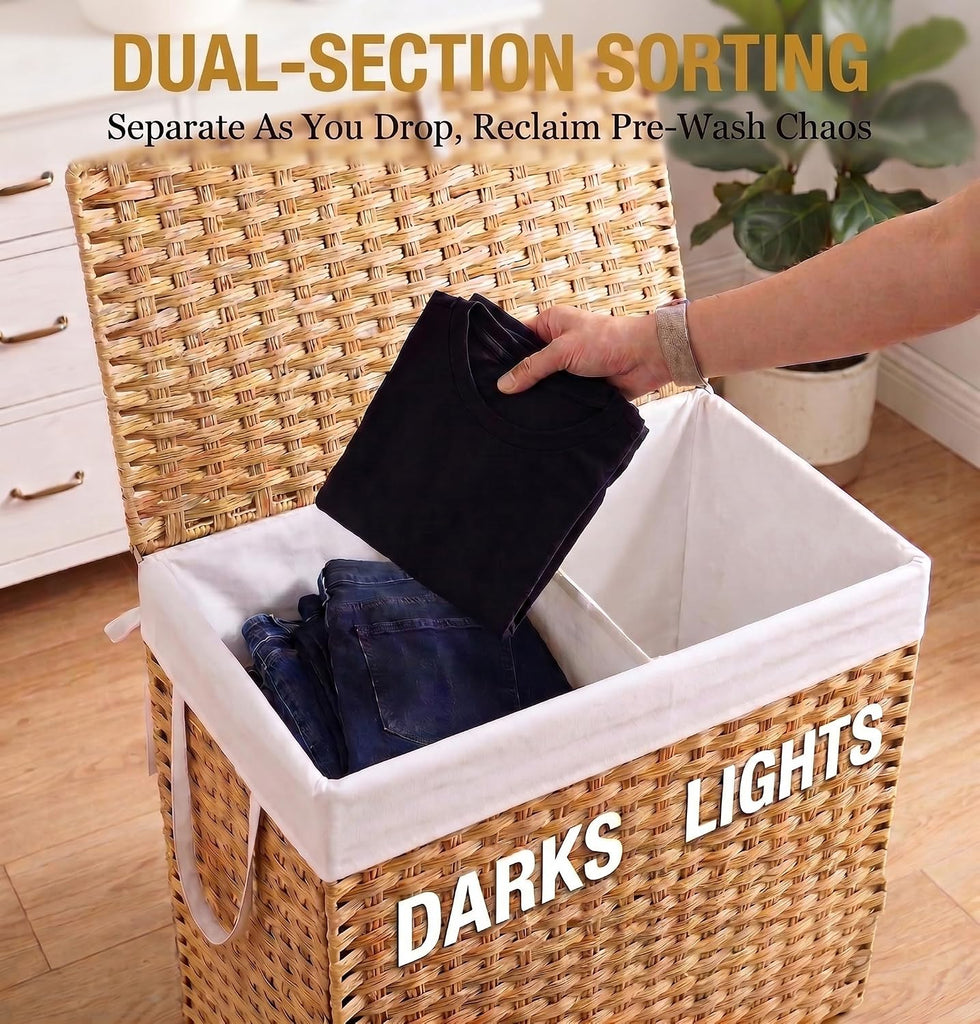 110L Extra Large Divided Laundry Hamper with Lid, 2 Section Collapsible Dirty Clothes Basket, Dual Removable Liner