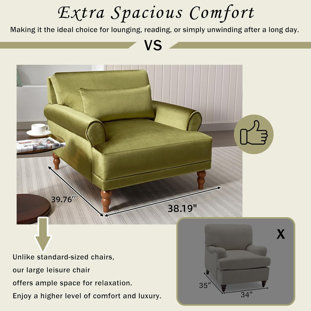 Oversized Velvet Accent Arm Chair with Roman Column Legs, Green | Upholstered Vintage Living Room Chair, Big Lounge