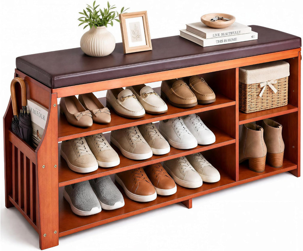 50" Bamboo Shoe Storage Bench with Padded Faux Leather Seat and 550 lbs Capacity, 3-Level Adjustable Shelf, Side