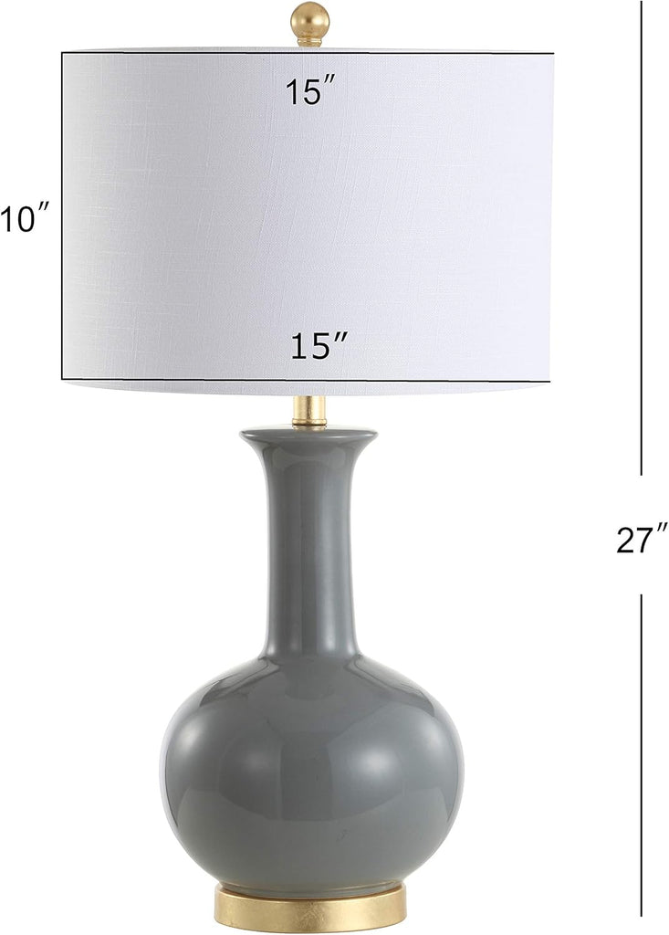 27" Gray/Brass Ceramic Table Lamp Bedroom, Modern Transitional Nightstand Lamp with White Linen Drum Shade