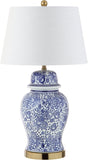 29.5" Blue/White Ceramic Table Lamp and Office, White Linen Drum Shade, Traditional Chinoiserie Ginger Jar Lamp