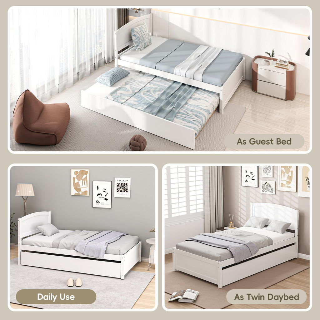 Twin Trundle Bed, Solid Wooden Pull Out Bedframe, Extendable Day Bed with Headboard and Soild Wood Slats Support