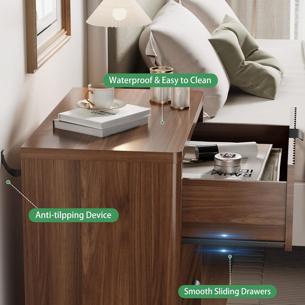 Fluted Nightstand with 3 Storage Drawers, 24" Wide Wood Bedside Table with Mental Handle, Mid Century Modern Wooden