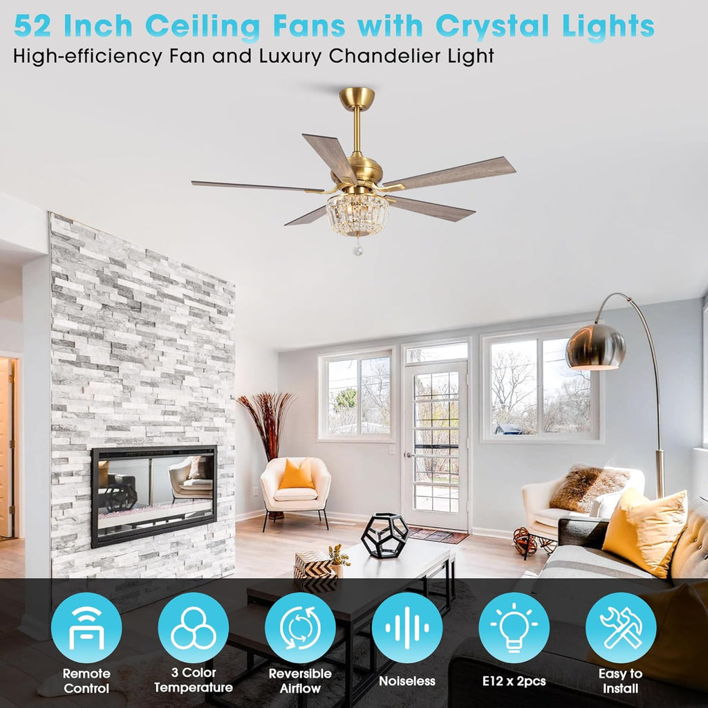 Gold Ceiling Fans with Lights and Remote 52 Inch Crystal Chandelier Ceiling Fan