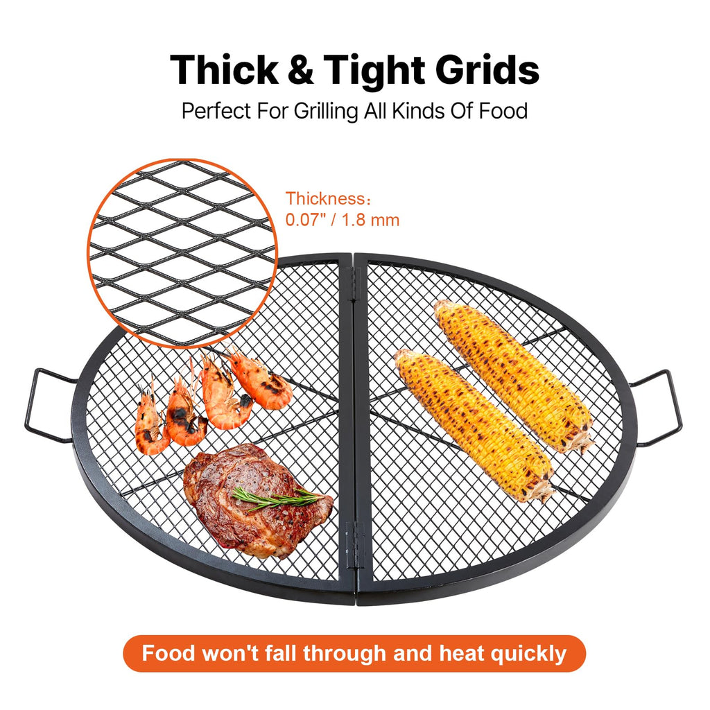X-Marks Fire Pit Grill Grate, Foldable Round Cooking Grate, Heavy Duty Steel Campfire BBQ Grill Grid with Handle and